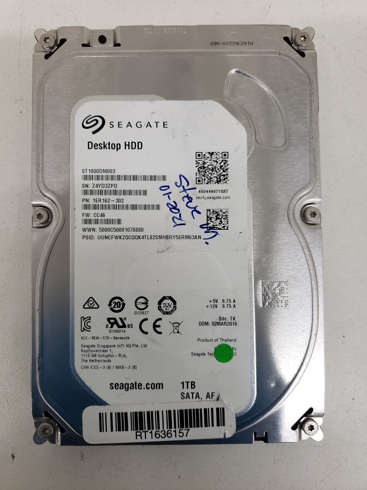 Seagate ST1000DM003 1TB 3.5in 6Gb/s 64MB 7200 RPM SATA Hard Drive P/N 1ER162-301