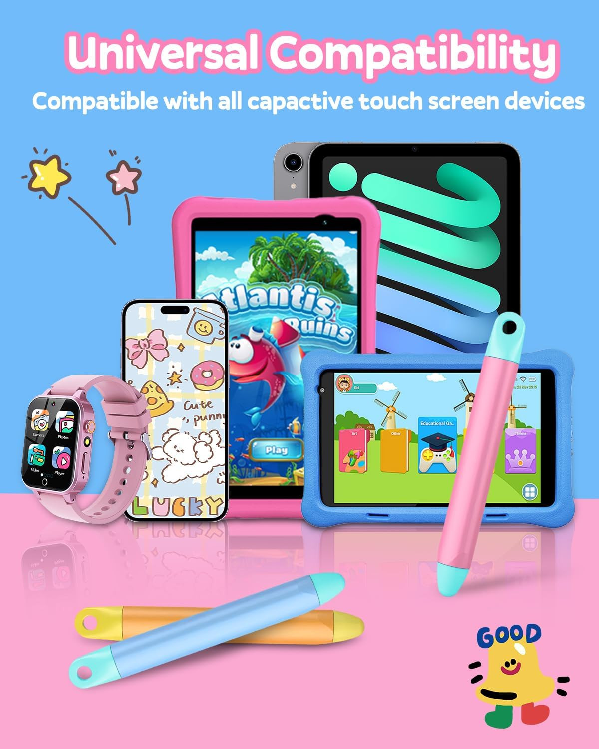 Kid-Friendly Stylus Pen with Tethers for Touch Screens, 3 Pack Kids Tablet St...