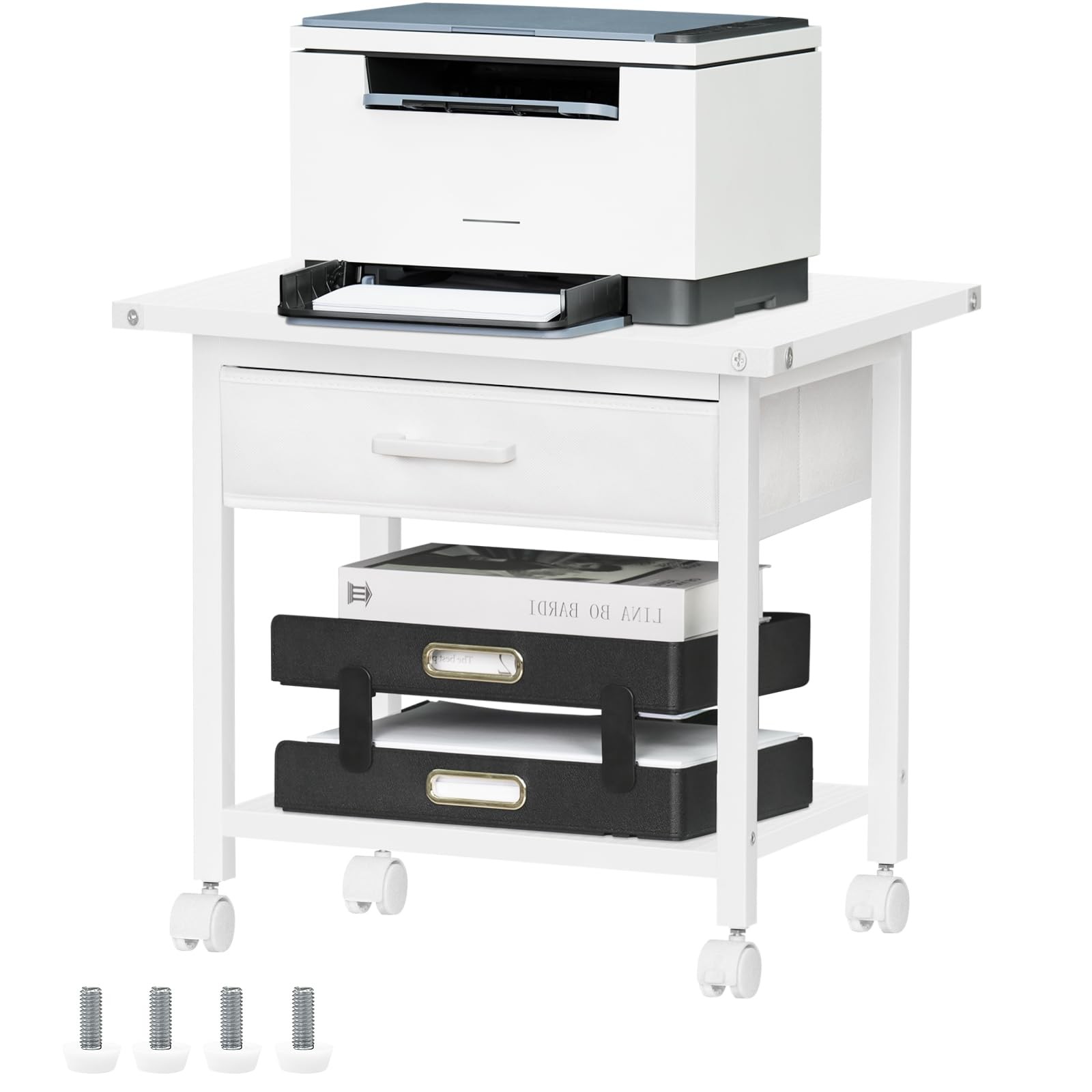 Under Desk Rolling Printer Stand Drawer 2Tier Mobile Cart Wheels White