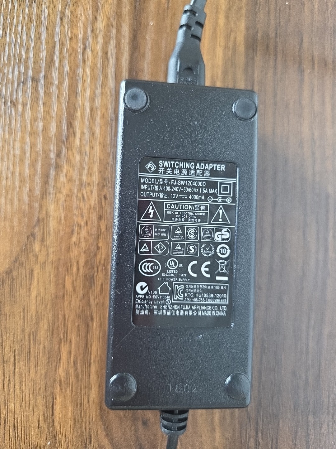 Genuine Fujia FJ-SW1204000D Switching Adapter 12V 4000mA Power Charger
