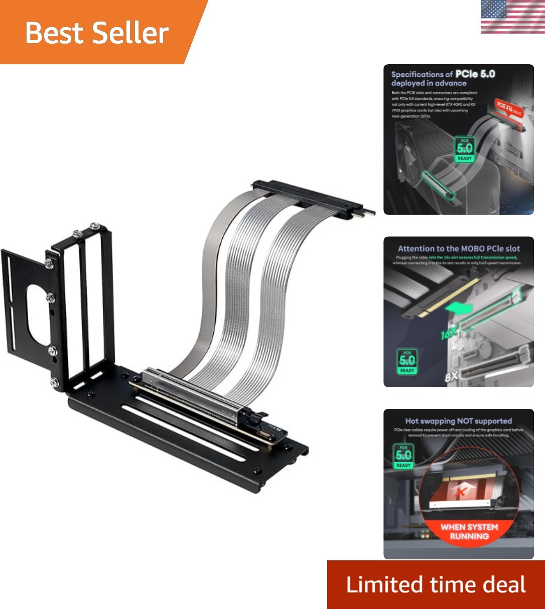PCIE 5.0 Riser Cable with 3 Slots Vertical GPU Mount Bracket Kit, Gen 5 GPU G...