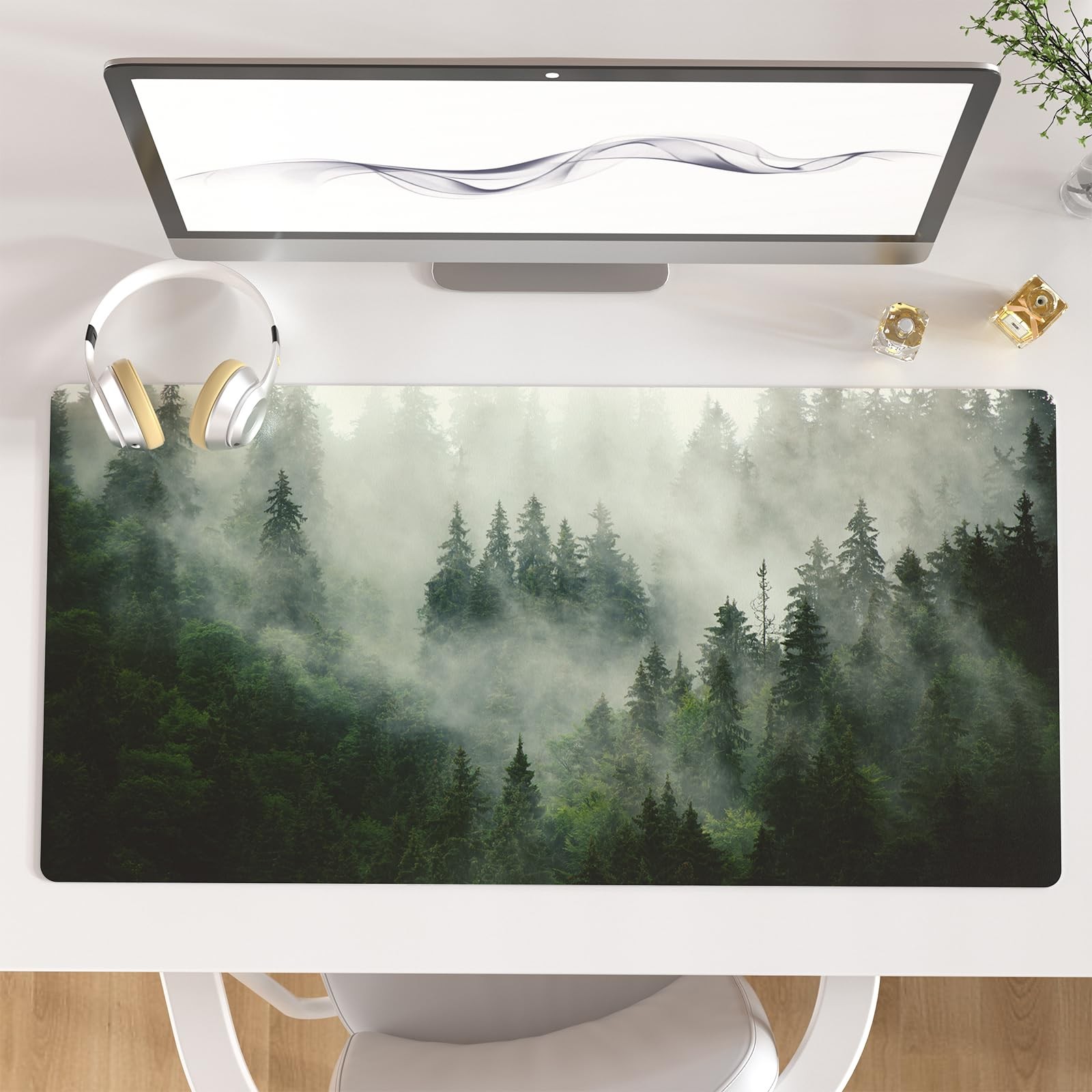 31.5x15.7 Inch Misty Forest Large Desk Mat PU Leather Waterproof Mousepad