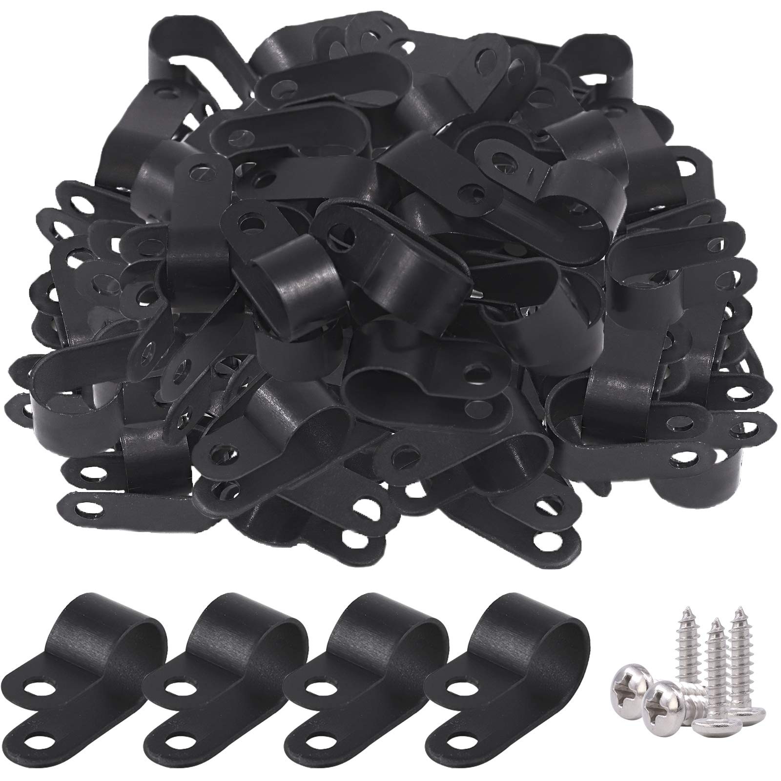 60Pcs 1/2 Inch Black Nylon Screw Mount R-Type Cable Clip Wire Clamp Kit with ...