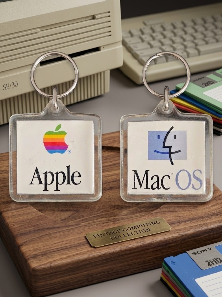 Vintage 1990s Apple Computer Rainbow Logo Mac OS Keychain Acrylic Promo Key Ring