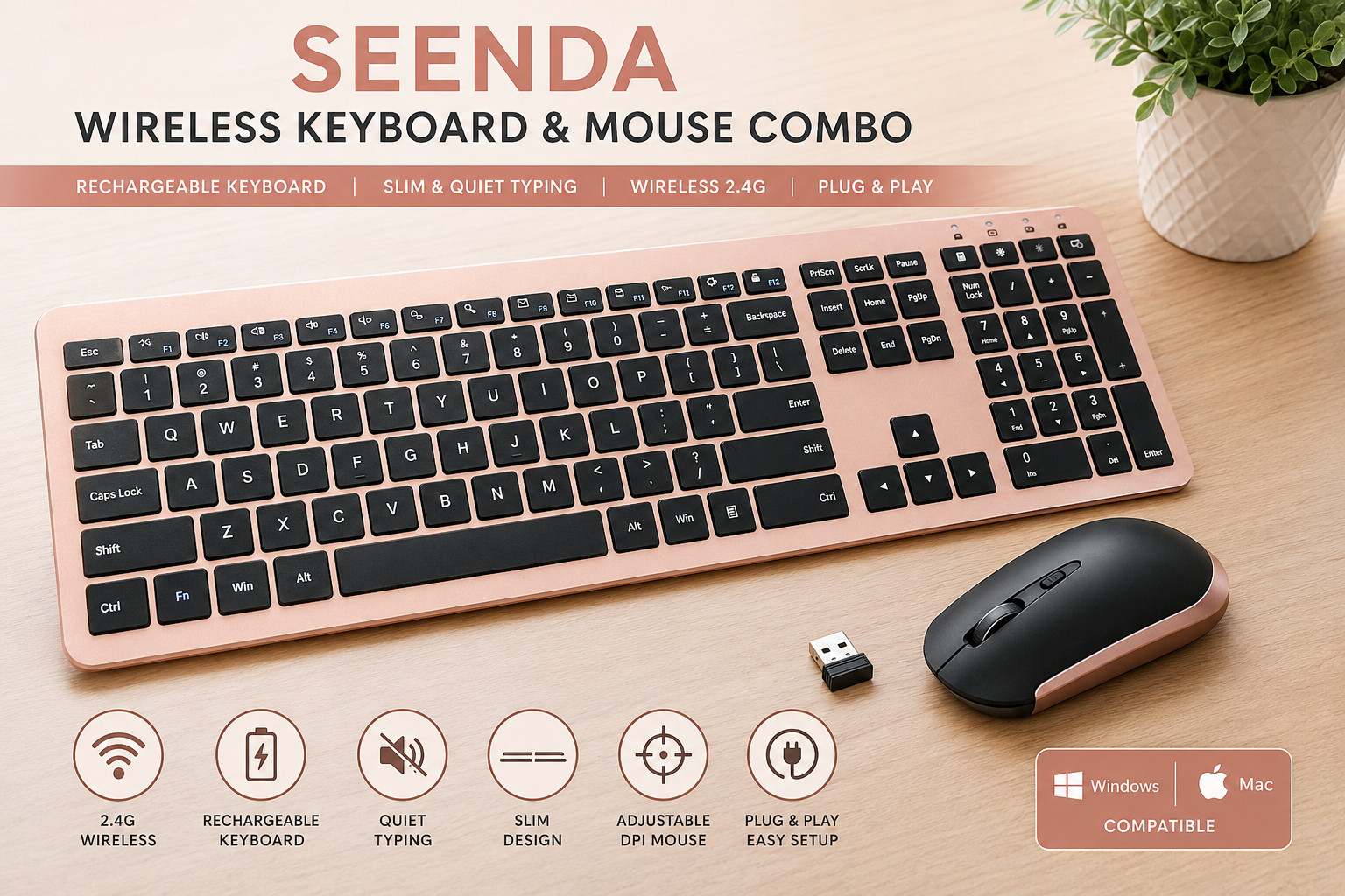 Seenda Slim Wireless Keyboard & Mouse Combo Rechargeable Rose Gold USB 2.4G