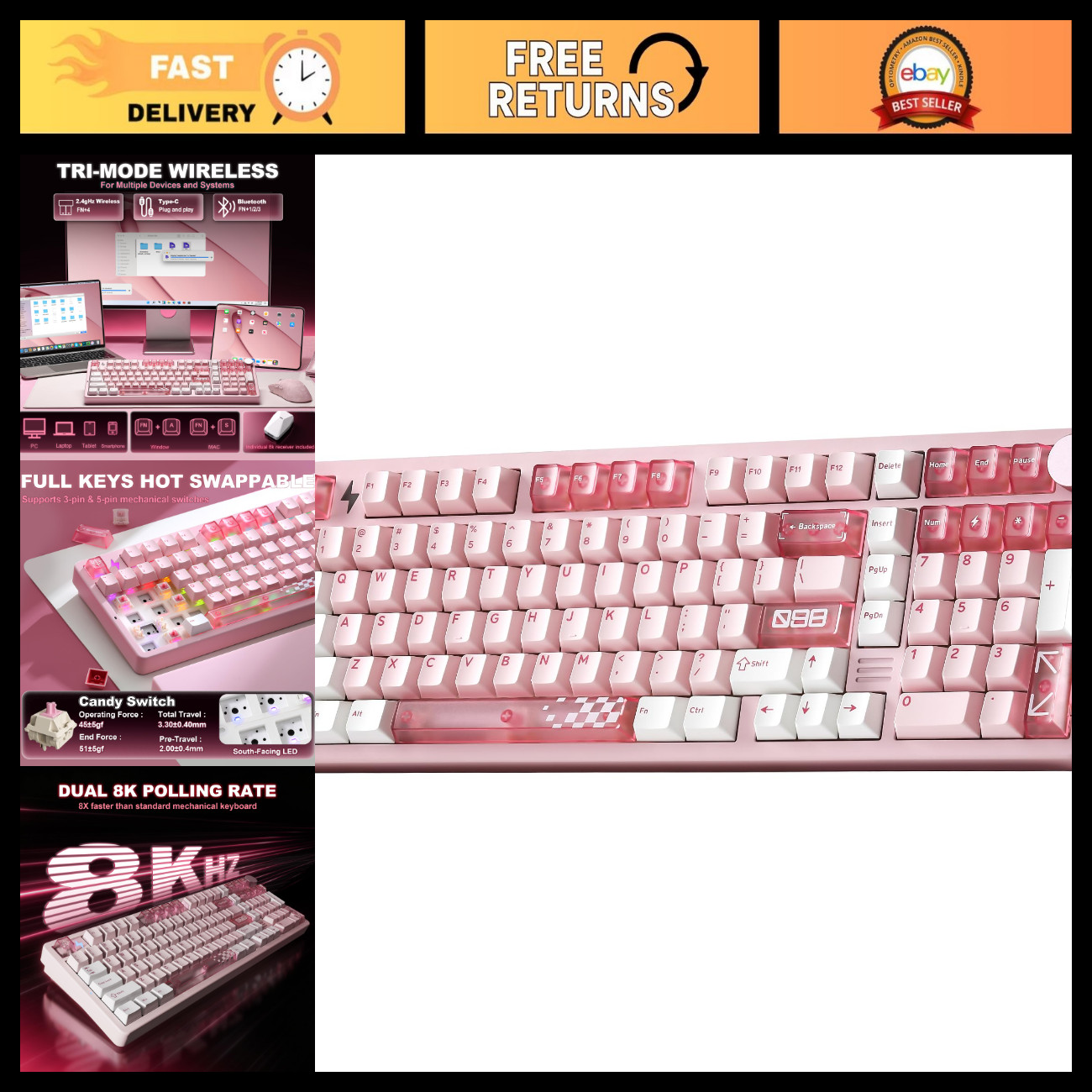 Wireless Mechanical Keyboard - Aluminum, Pink, Candy Switch, RGB Backlit, Compac