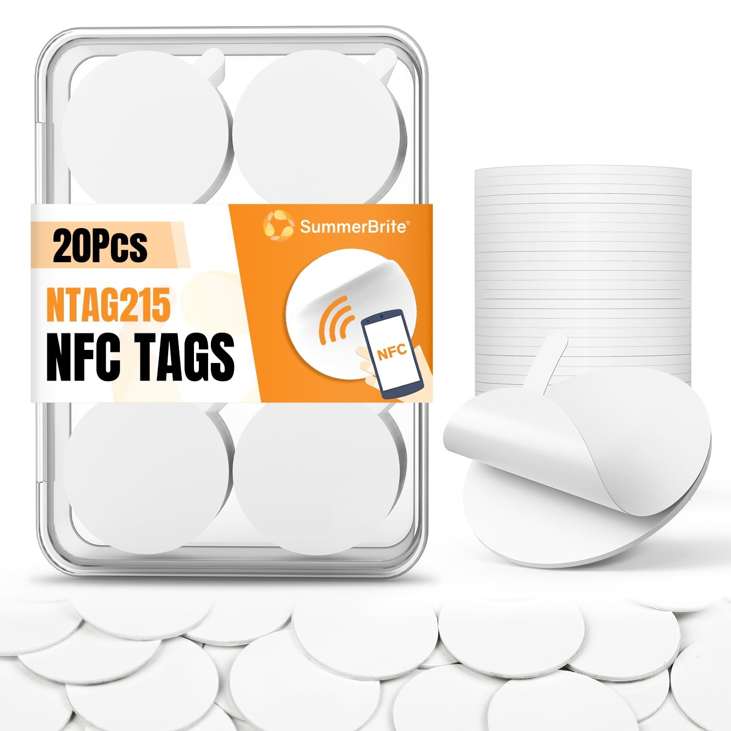 20 Pcs NFC Tags NTAG215 Blank Cards Stickers, Rewritable 20 Pcs, White