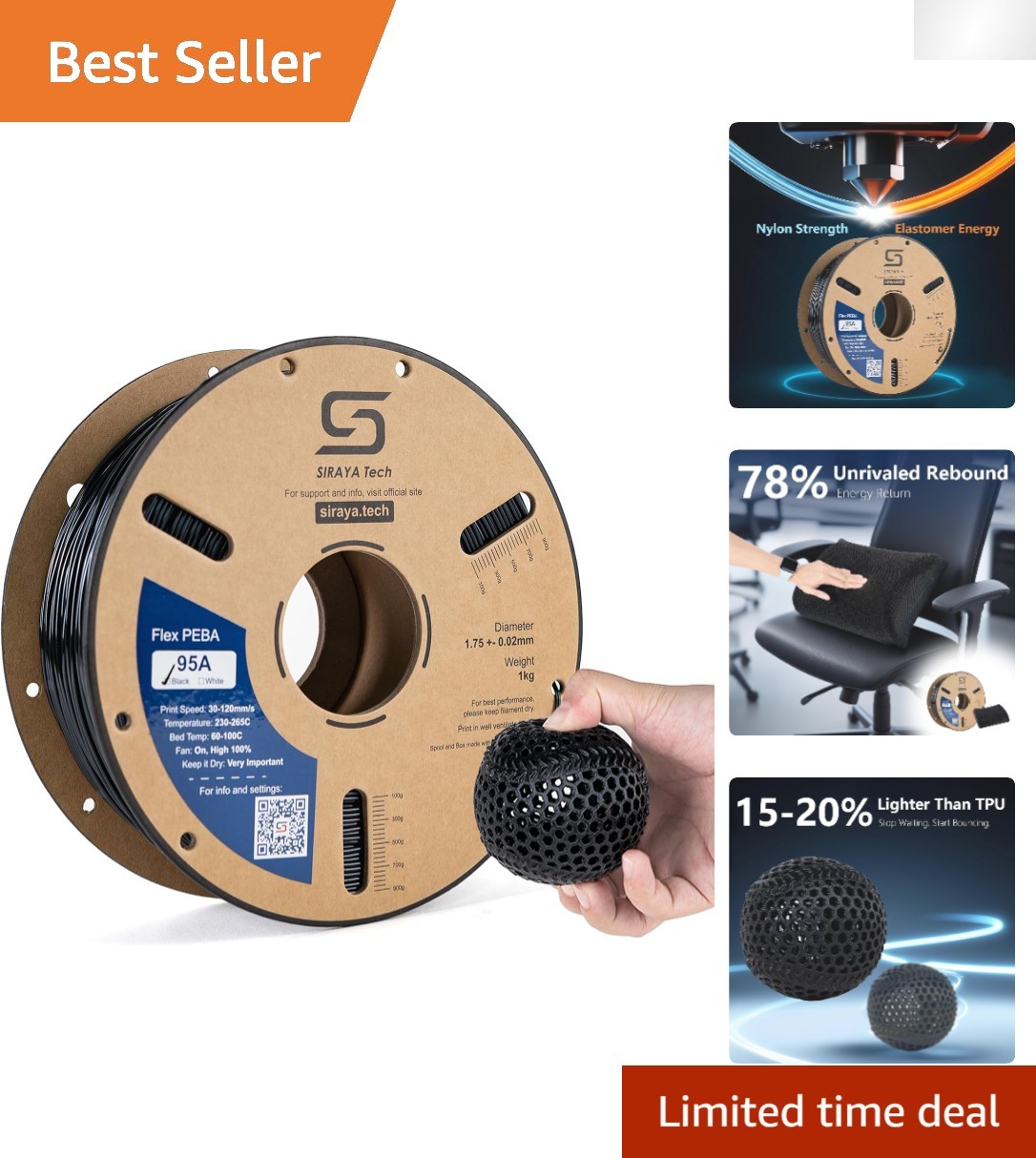 Ultra-Light 800g Rebound PEBA 95A Filament - Perfect for 3D Printing and Drones