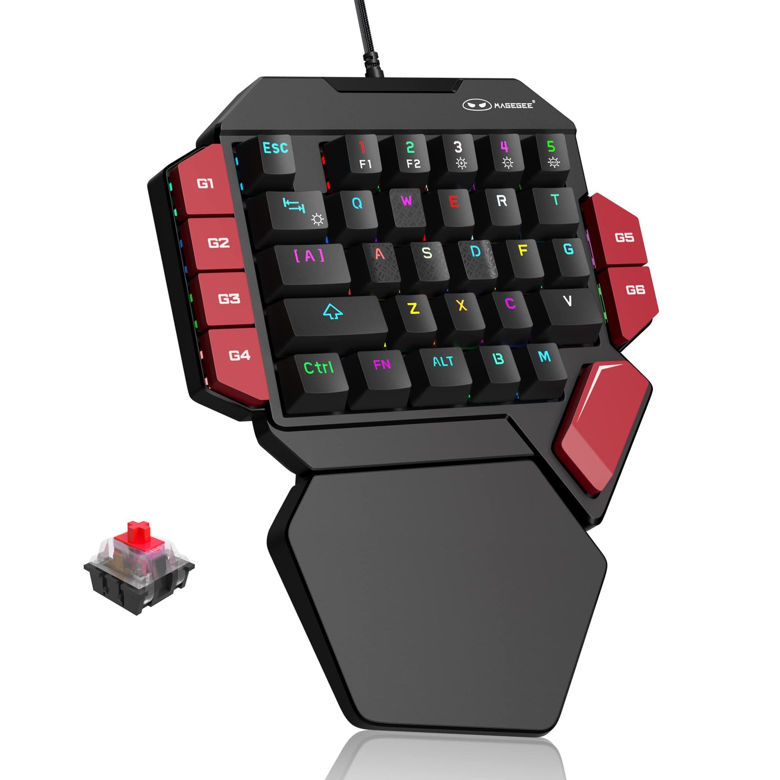 MageGee One Handed Professional Gaming Keyboard, RGB Backlit Black/Red Switch