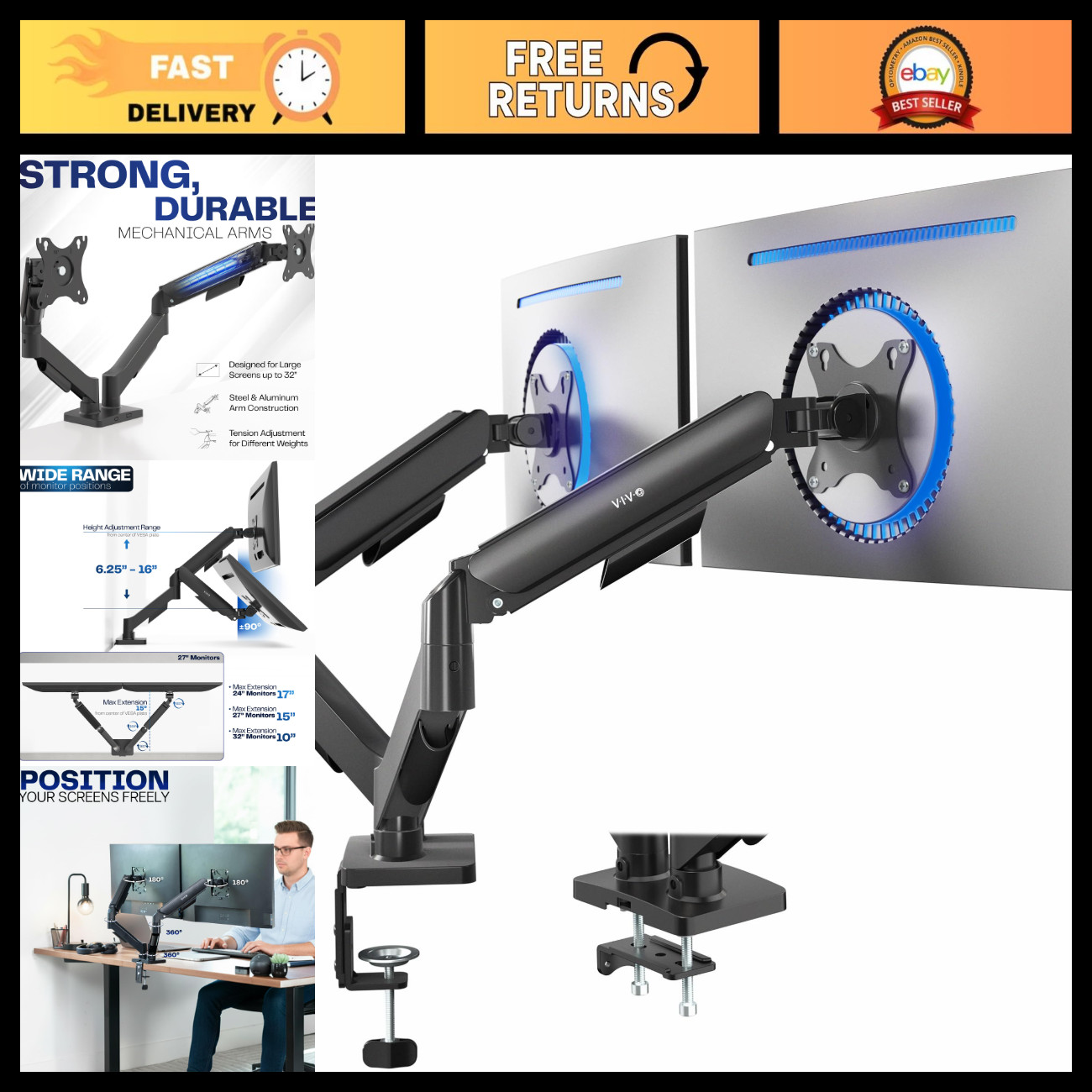 Dual Monitor Stand - Adjustable Arms for 17-32" Screens, VESA Mount, Office & Ga