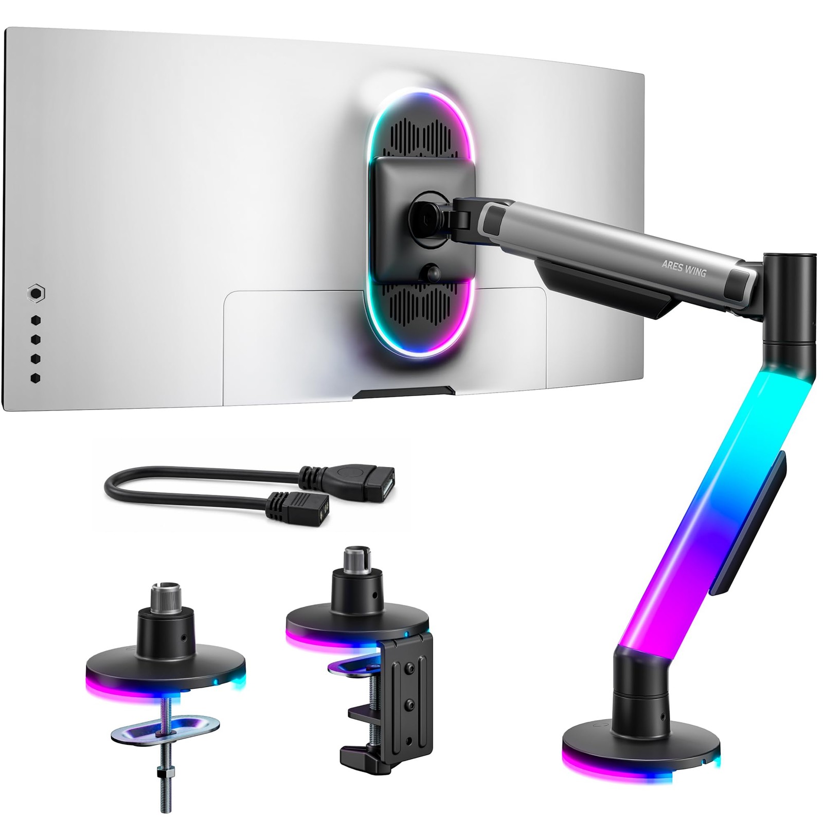ARES WING RGB Single Monitor Arm Desk Mount for 17-40 Inch Monitors, Grey