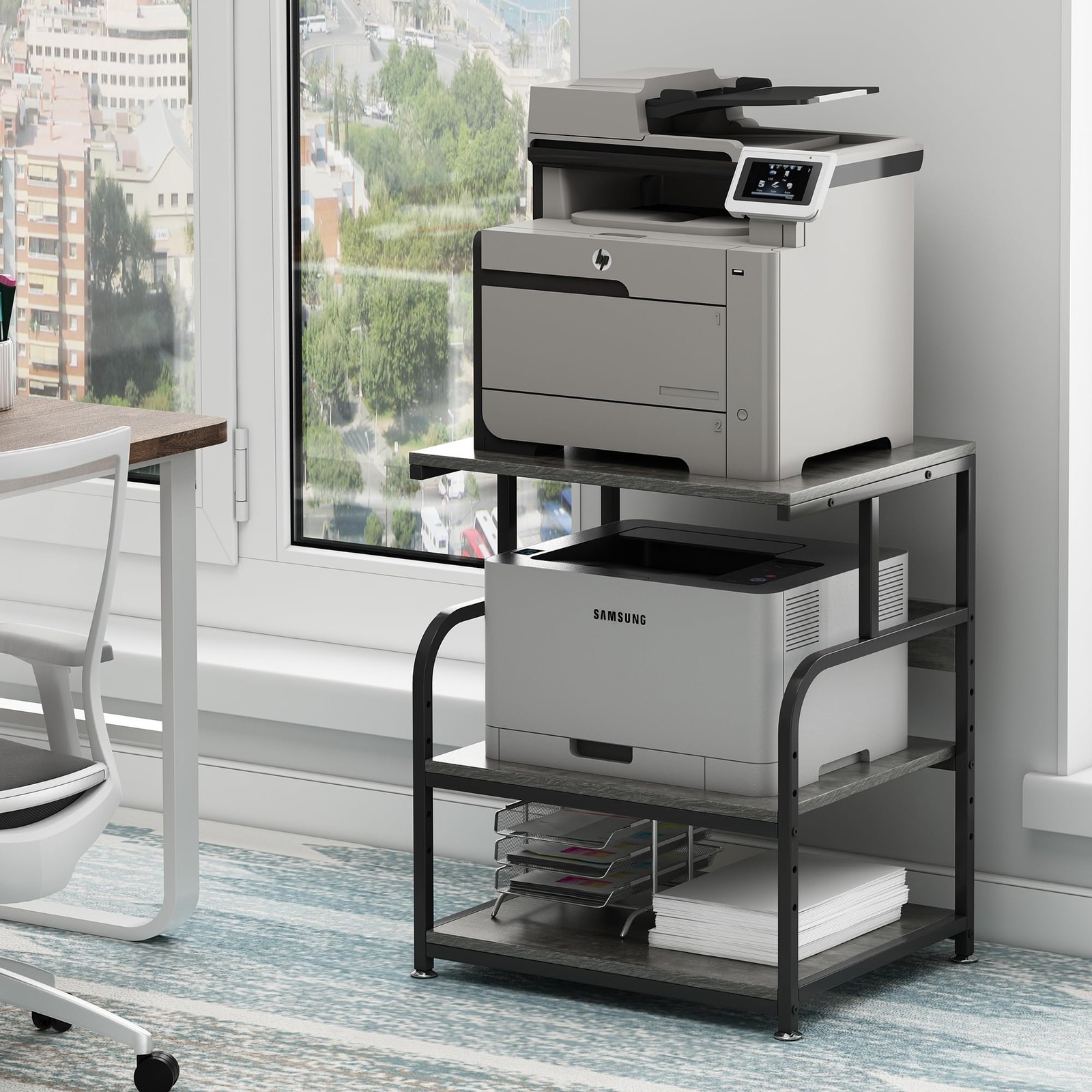 Gray Printer Stand, 23.6"x18.9" Large Printer Table with Storage