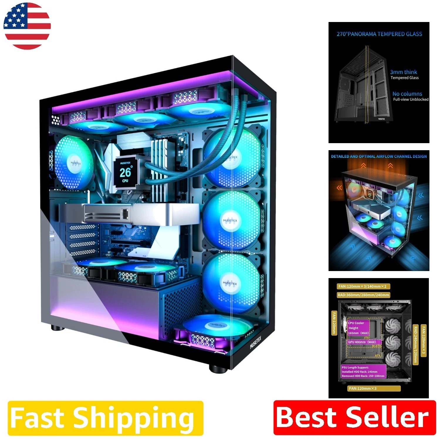 ATX Computer Case: Black, 7 PWM ARGB Fans, Dual Tempered Glass, Type-C