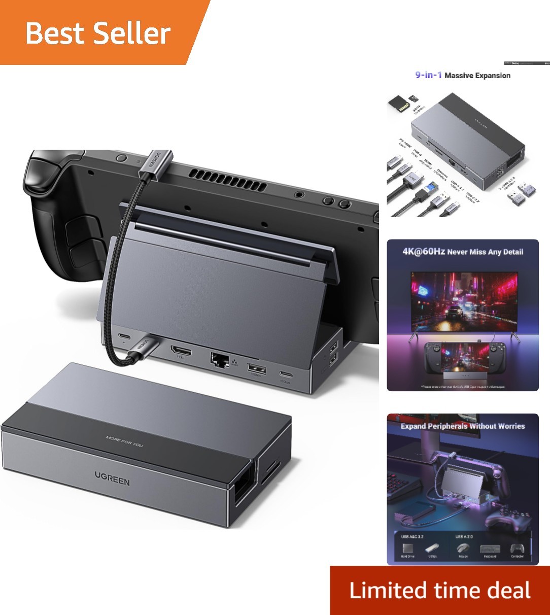 Compact 9-Port Dock: 4K Video Output & PD 100W Charge for Steam Deck & More