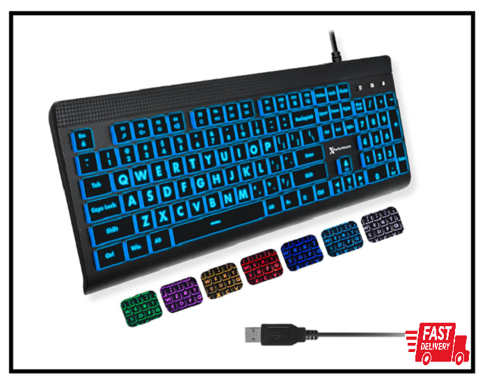X9 Large Print Backlit Computer Keyboard - Easy to See Big Letters - Lighted USB
