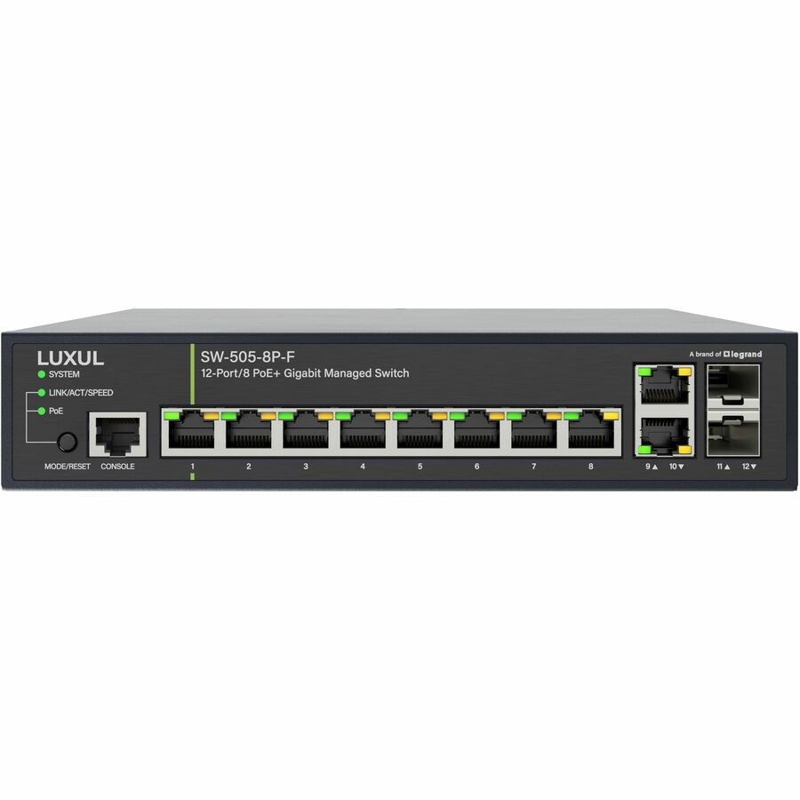 Luxul 1Gb L2/L3 Managed Switch - 8 PoE+, 2 RJ45, 2 SFP Front-Facing Ports - TAA