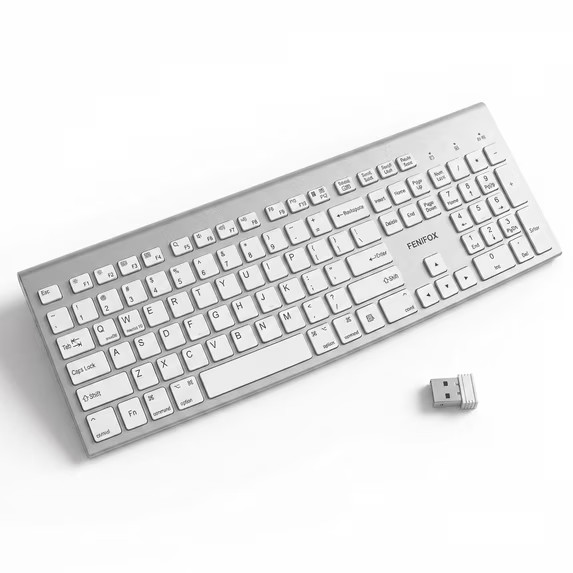 FENIFOX Wireless Keyboard Full Size USB Windows Mac Ergonomic Quiet Silver White
