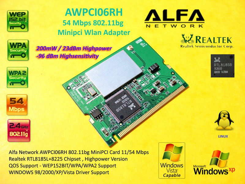 Alfa Network AWPCI06RH MINI PCI Wifi 11g 200mW Highpower Linux RTL8185B