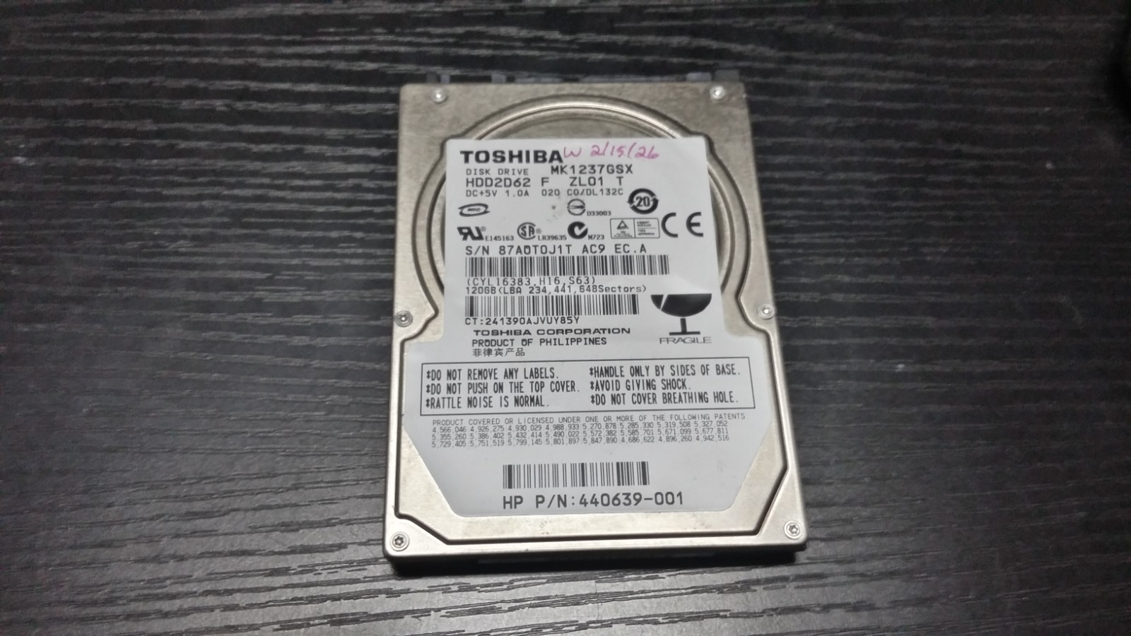 Toshiba MK1237GSX 120 GB, Internal, 5400 RPM, 2.5" SATA Hard Drive HDD2D62