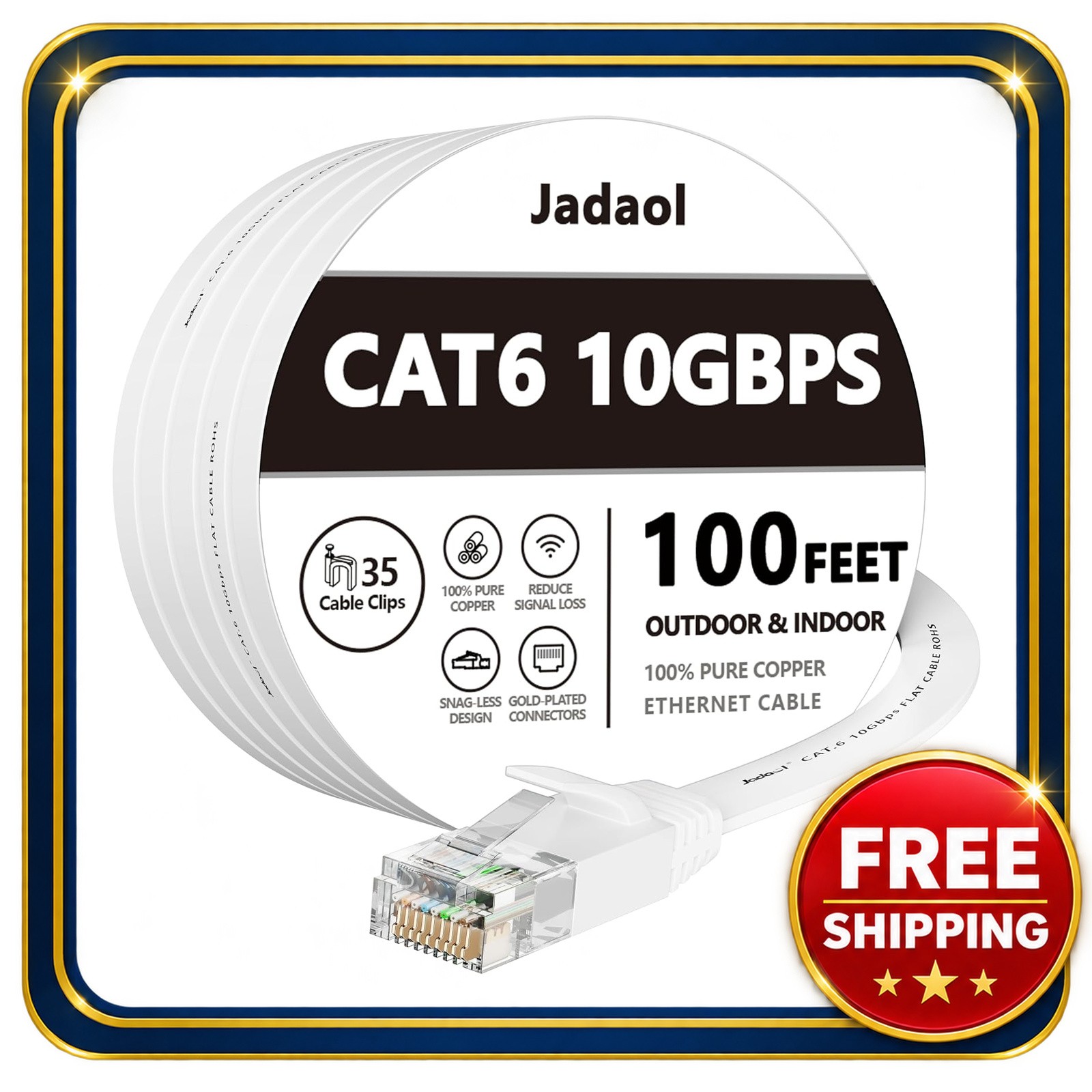 Ethernet Cat6 Flat Cable 100FT White RJ45 Network Patch Cord