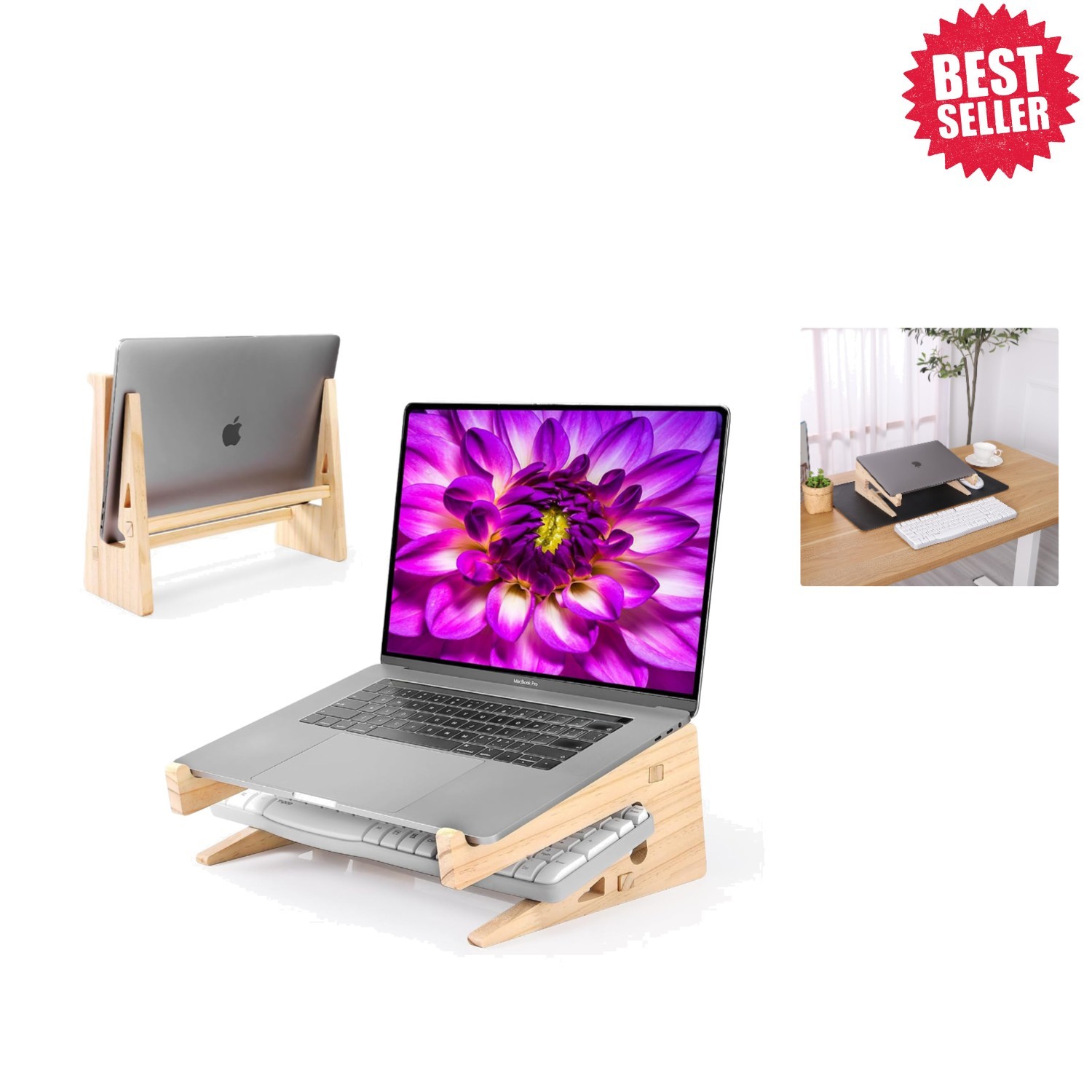 Natural Walnut Laptop Stand - 2-in-1 Ergonomic Riser & Organizer for Home Office