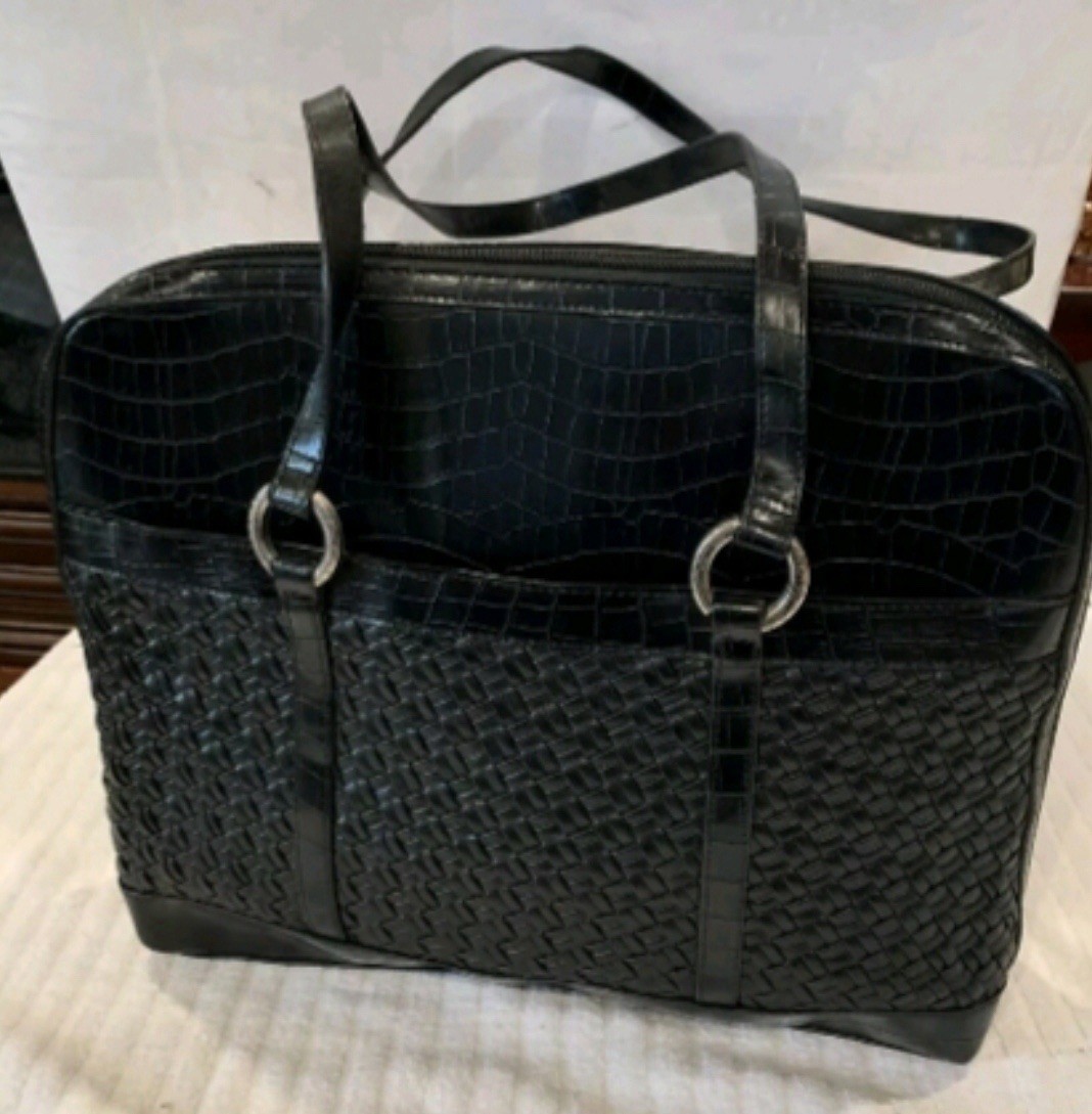 Coldwater Creek Hampton Computer Bag Black Tote Herringbone Woven Shoulder bag