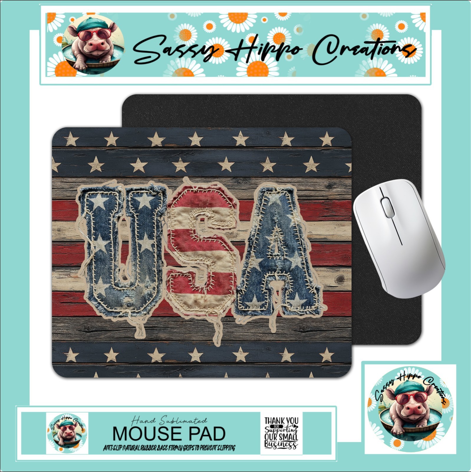 Mouse Pad Rustic USA 250th American Flag Patriotic Old Anti Slip Back Easy Clean