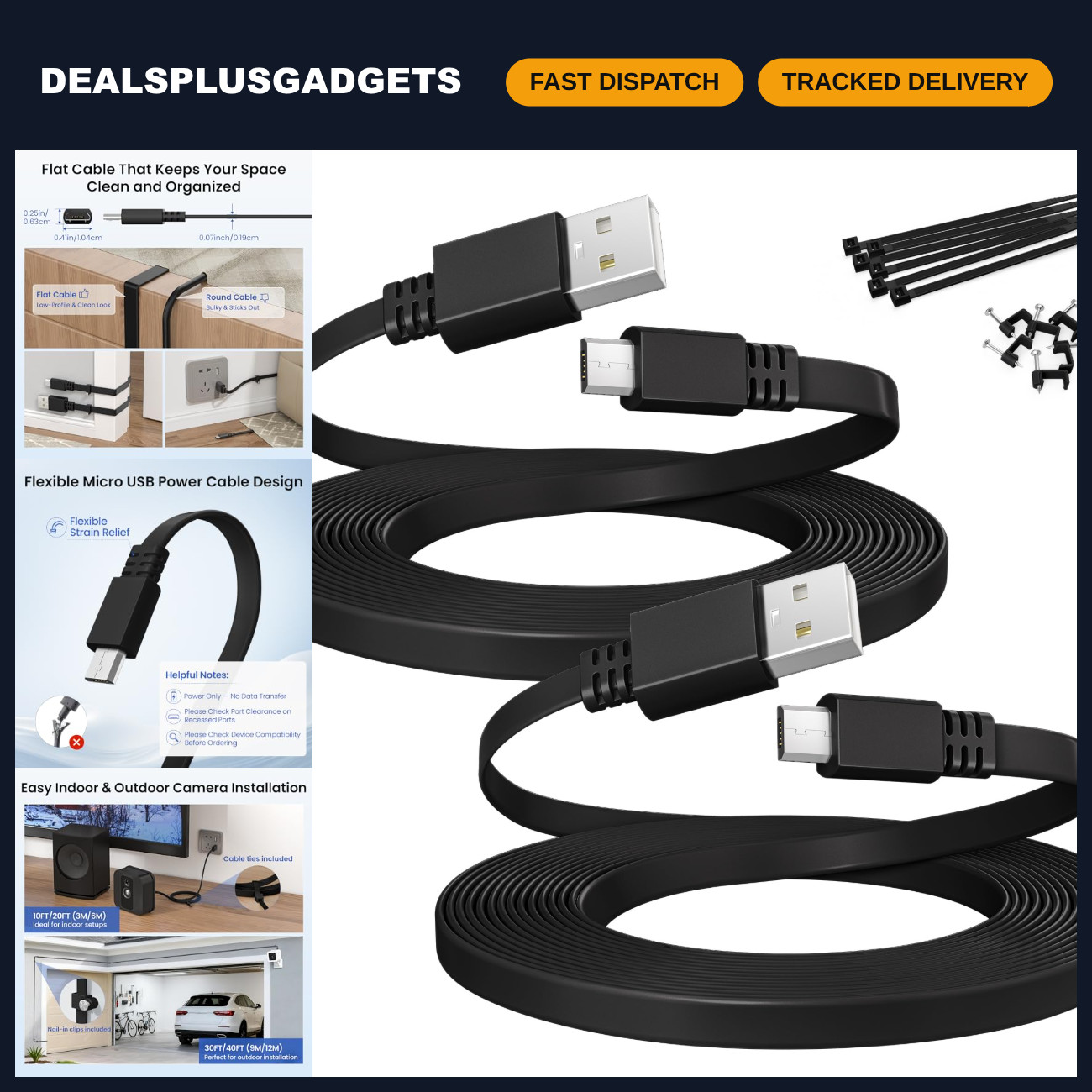 20FT Micro USB Power Extension Cable 2-Pack, Flat USB A to Micro USB, Black