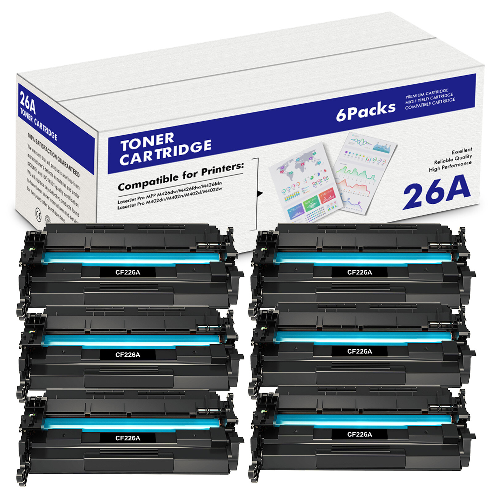 6 PK Fits For HP Laserjet Pro M402n MFP M426fdn CF226A 26A Black Toner Cartridge