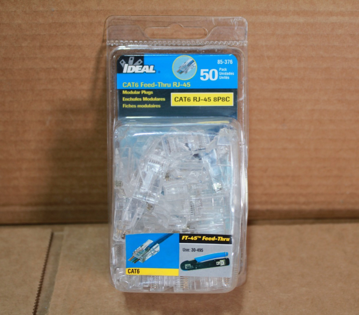 IDEAL Cat6 RJ45 Feed-Thru Modular Plugs Clear Gold Plated 50pcs 85-376
