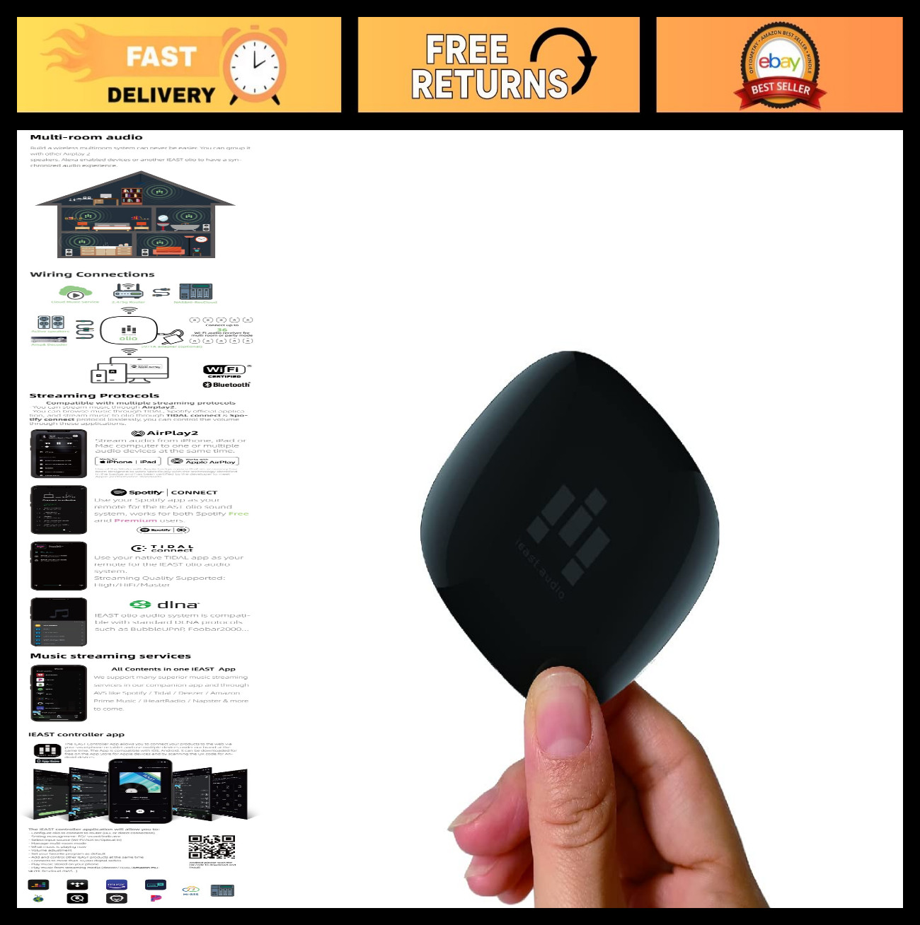Wireless Audio Receiver Adapter - AirPlay 2, WiFi & Bluetooth Music Streamer, Hi