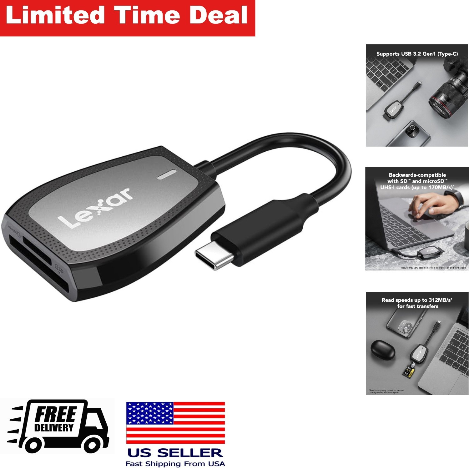 Dual-Slot SD Micro SD Card Reader USB 3.2 Type C Up to 312MB s Read Speed