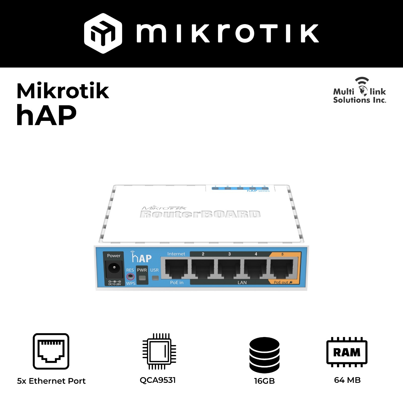 Mikrotik RouterBoard hAP RB951Ui-2nD 2.4GHz AP, Five Ethernet ports, PoE-out