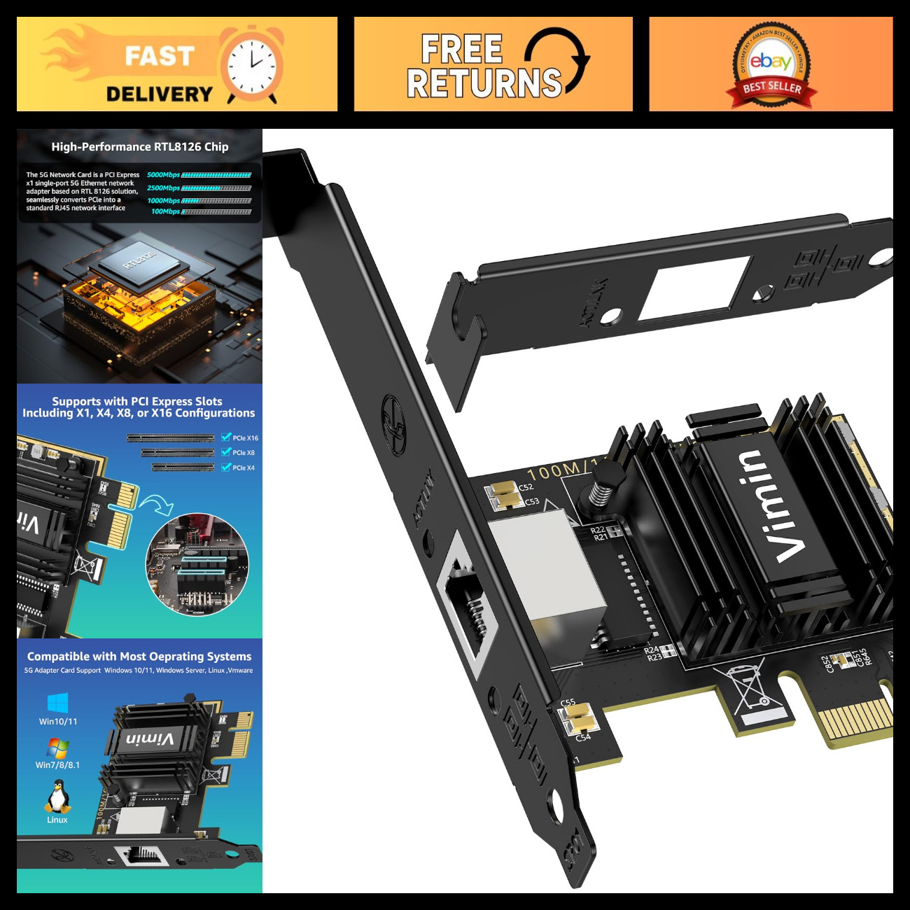 5G PCIe Network Card, 5 Gigabit Ethernet Adapter RJ45, WOL Support for Windows/L