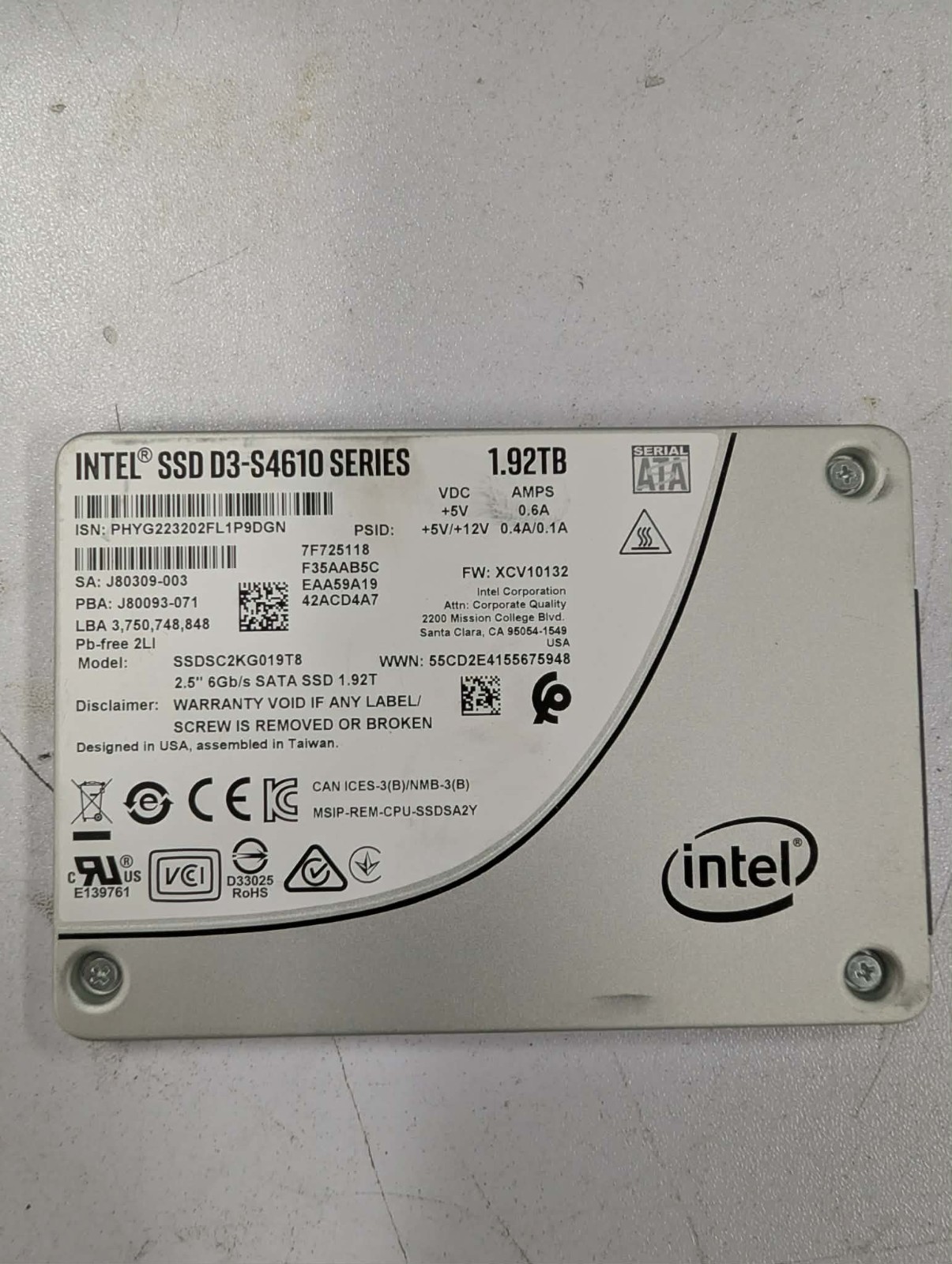 Intel SSDSC2KG019T8 1.92TB 6Gbps 3D TLC SATA 2.5" SSD Solid State Drive