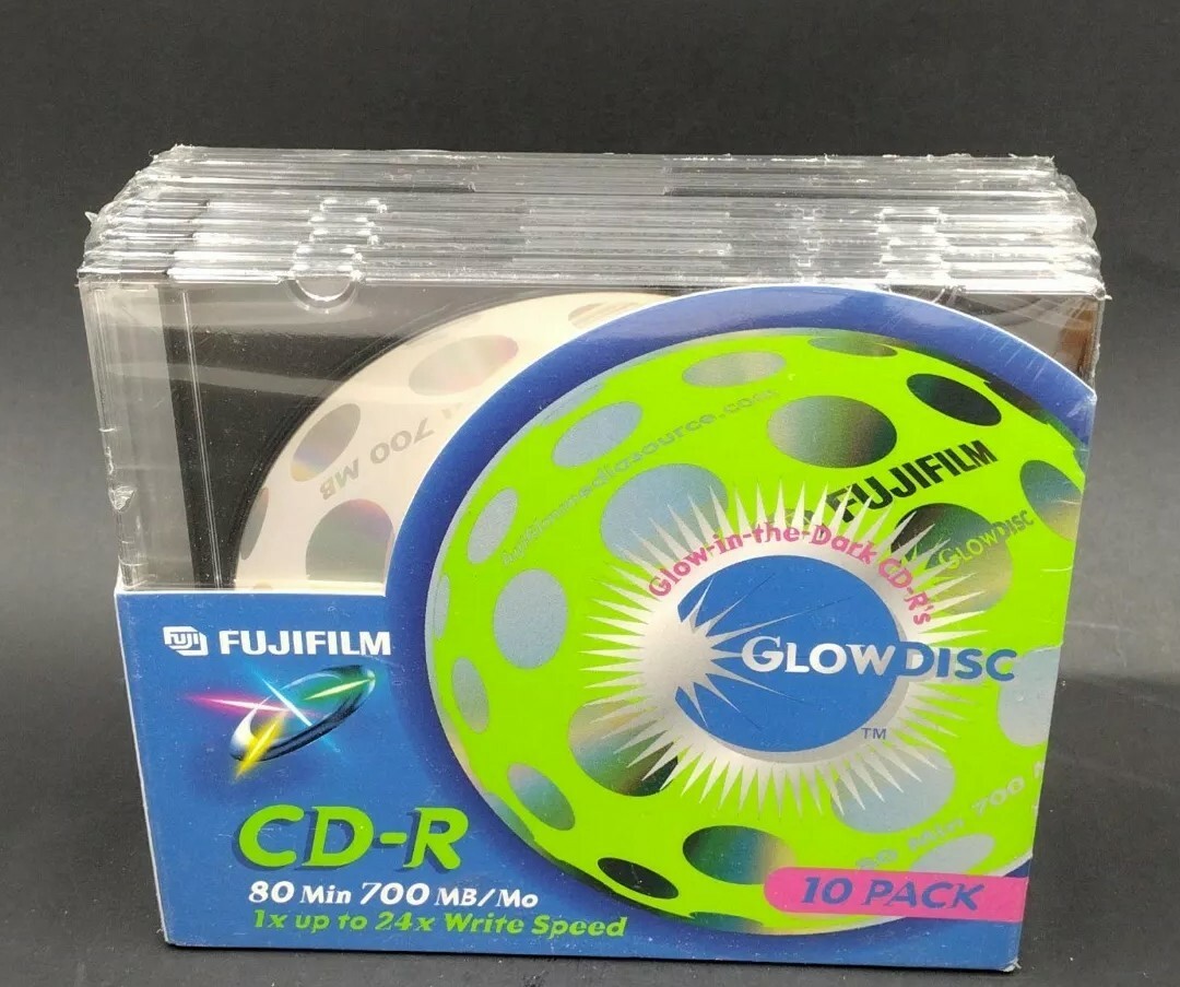Fujifilm CD-R 80 Min 700 MB Glow Disc Glow In The Dark 10 Pack With Cases Sealed