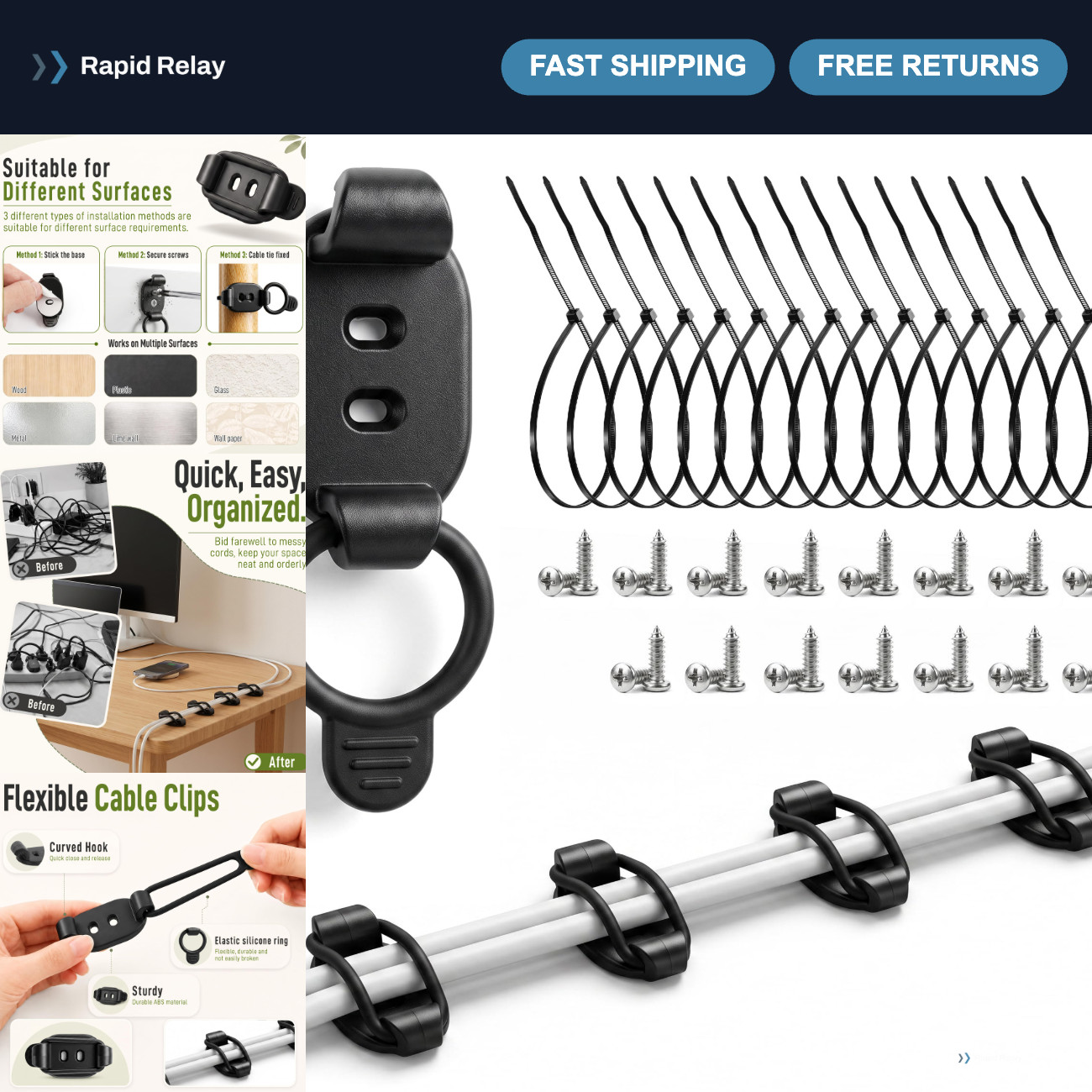 15 Pack Adjustable Black Cable Clips - Cable Management Solutions for Home & Off