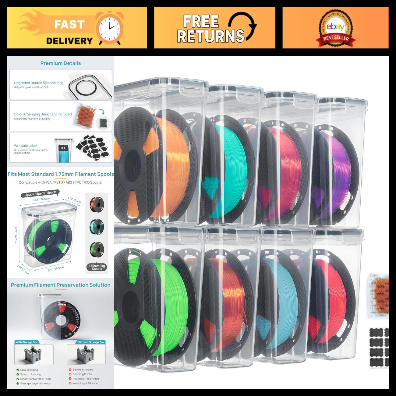 8 Pack Clear Filament Storage Box for 1KG Spools - Organize & Protect 3D Filamen