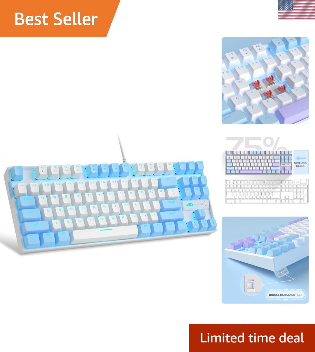 Ergonomic 87-Key TKL Mechanical Keyboard with Red Switch & Blue LED Backlighting
