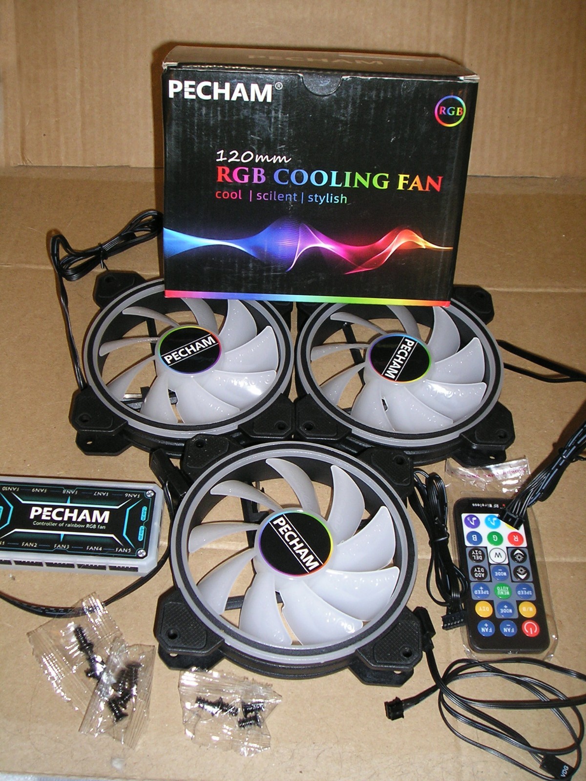 Pecham (3-Pack) 120mm RGB Cooling Fans and 10 Port Hub Set. 