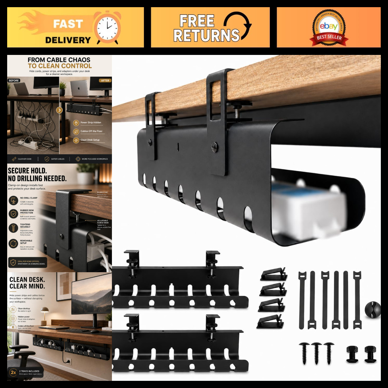 2-Pack Under Desk Cable Management Tray - Steel Organizer, No Drill Clamp, Cord