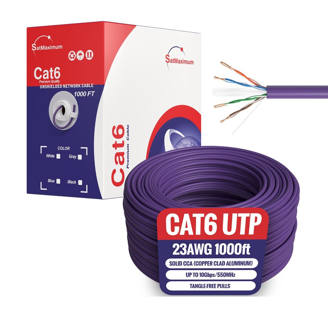 CAT6 1000FT Purple UTP Ethernet Cable 23AWG Network LAN Solid Bulk Wire Pull Box