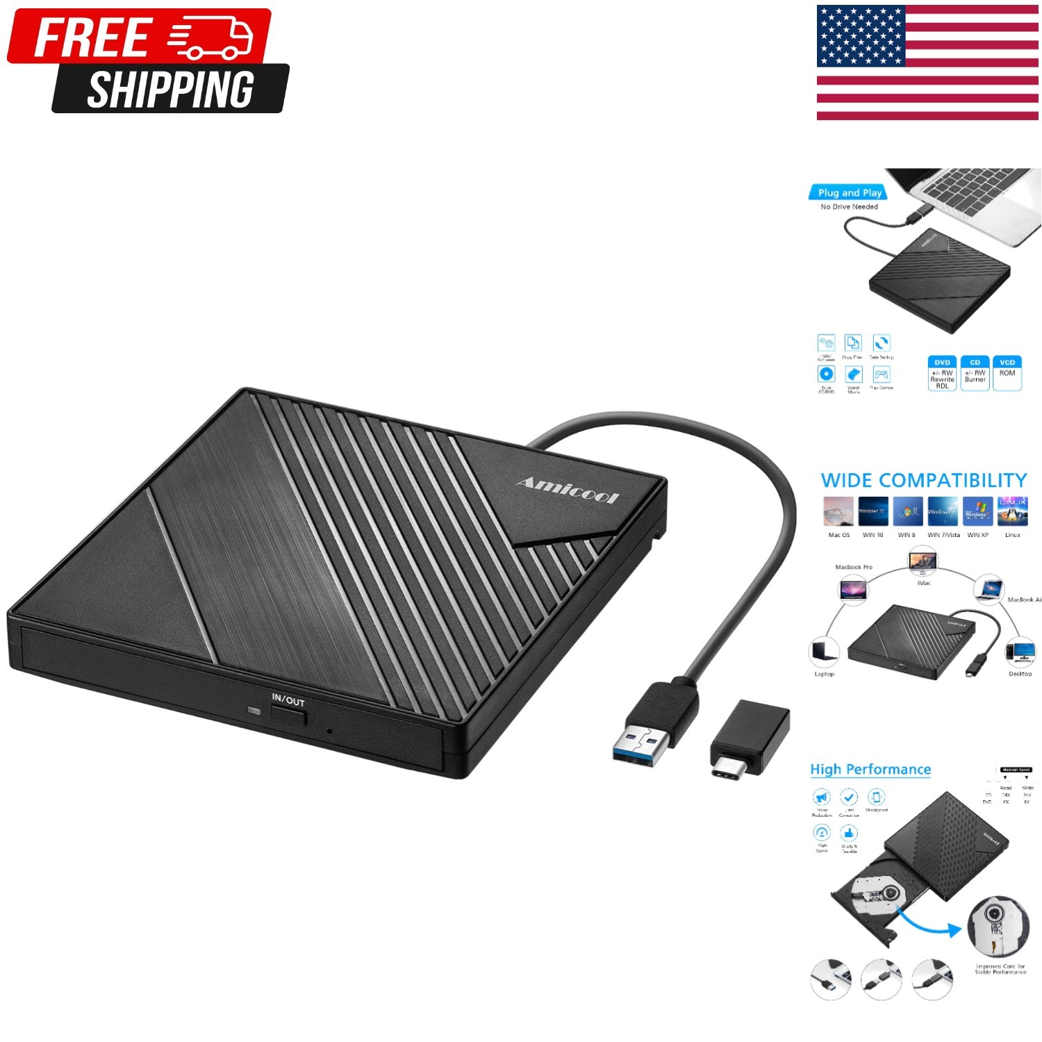 External Blu Ray DVD Drive Burner, USB 3.0 and Type-C Optical Slim Bluray CD