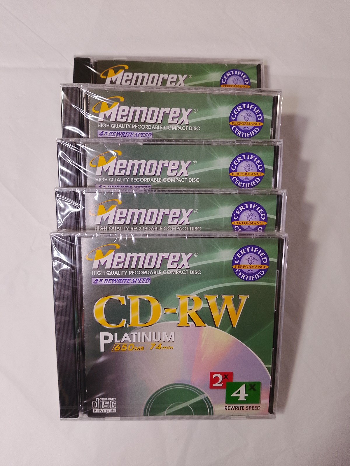 5 pc New - Memorex CD-RW 4x Rewrite speed Disc, 650mb, 74min Vintage 1999