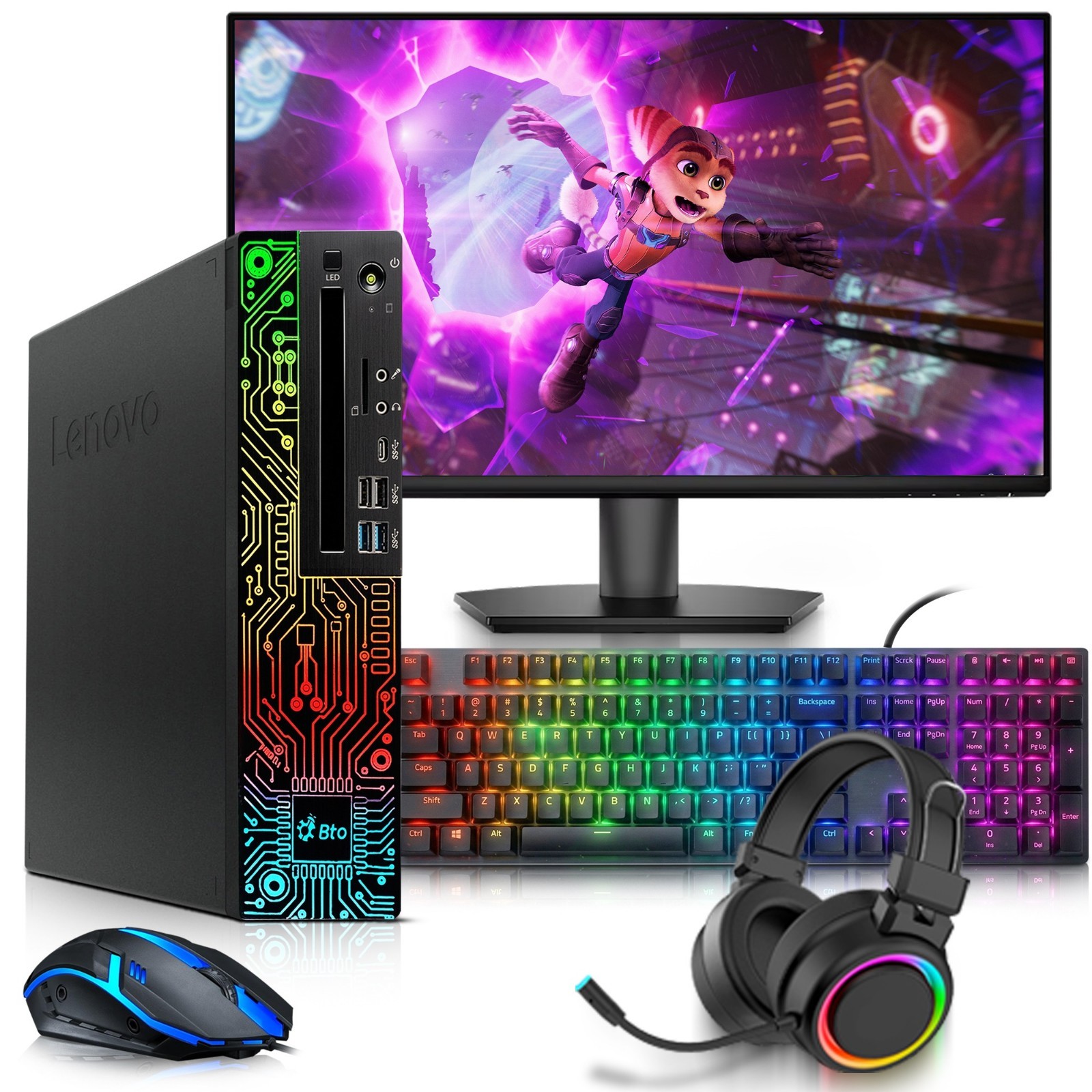 Lenovo RGB Gaming PC i5-8th 32GB RAM 1TB SSD HDD AMD RX-550 24" LED RGB-KB&M W11