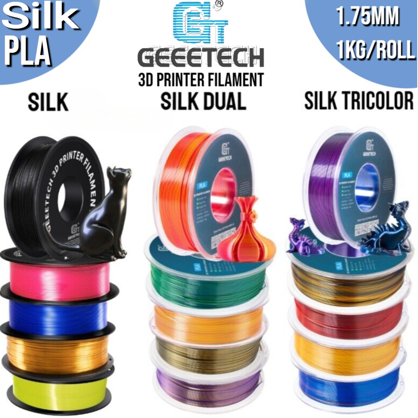 GEEETECH 3D Printer Filament 1KG 1.75MM PLA Silk Single/Dual/Tricolor Gradient