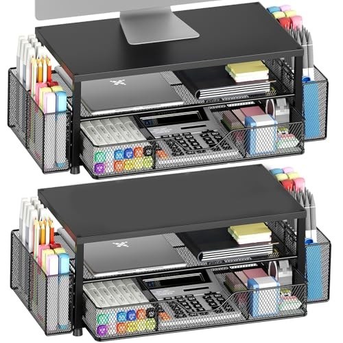 2-Pack Desk Organizer Riser with Drawer, 2 Pen Holders, Black Office Stand