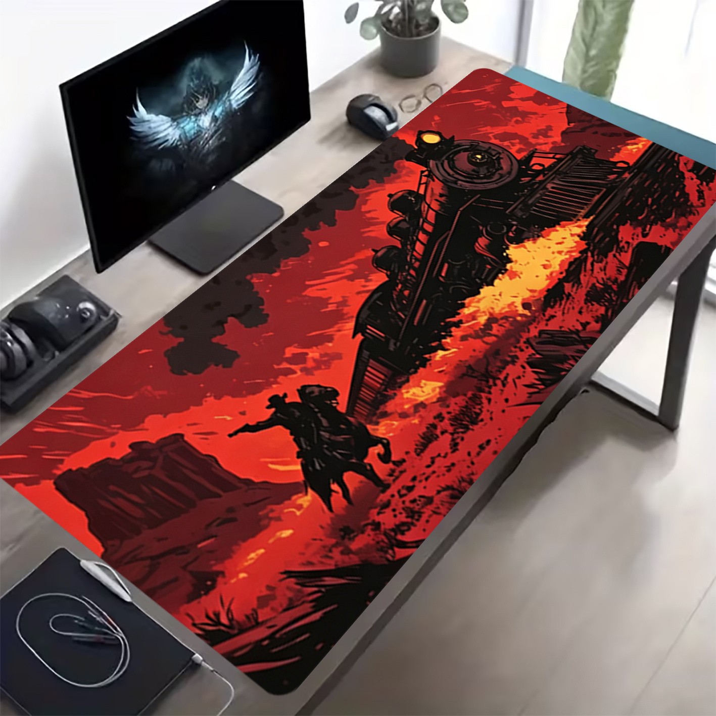 1pc Red Black Western Steam Train Riding Cowboy Pattern Large Gaming Mouse Pad