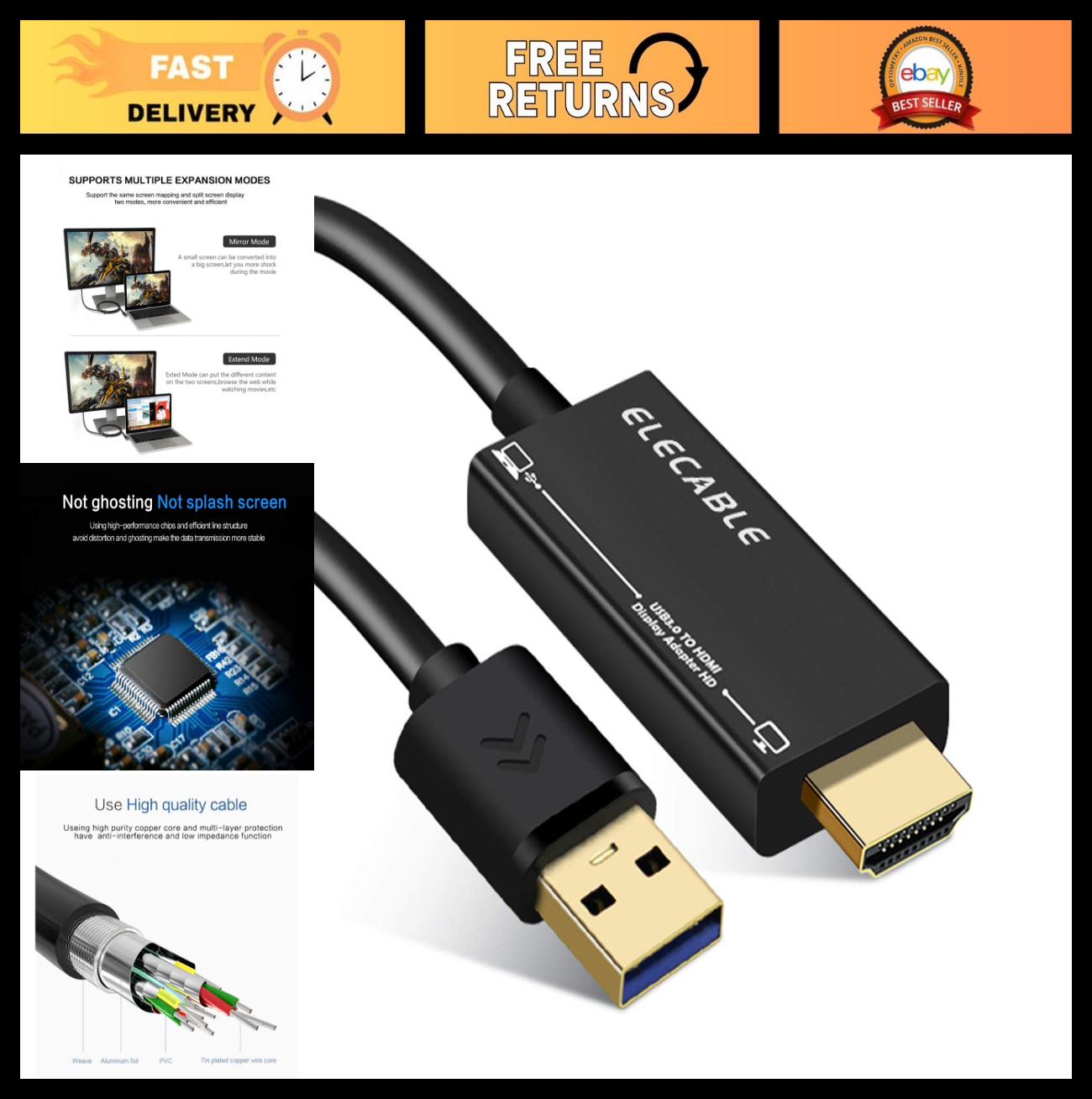 10FT USB to HDMI Adapter Cable, 1080P HD Video Converter for Mac & Windows