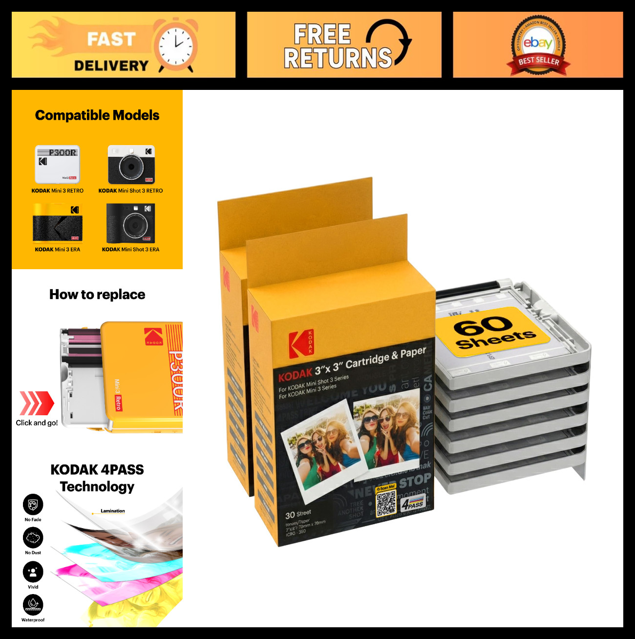 4PASS 3x3" All-in-One Photo Cartridge Refill - 60 Sheets for Mini Instant Camera